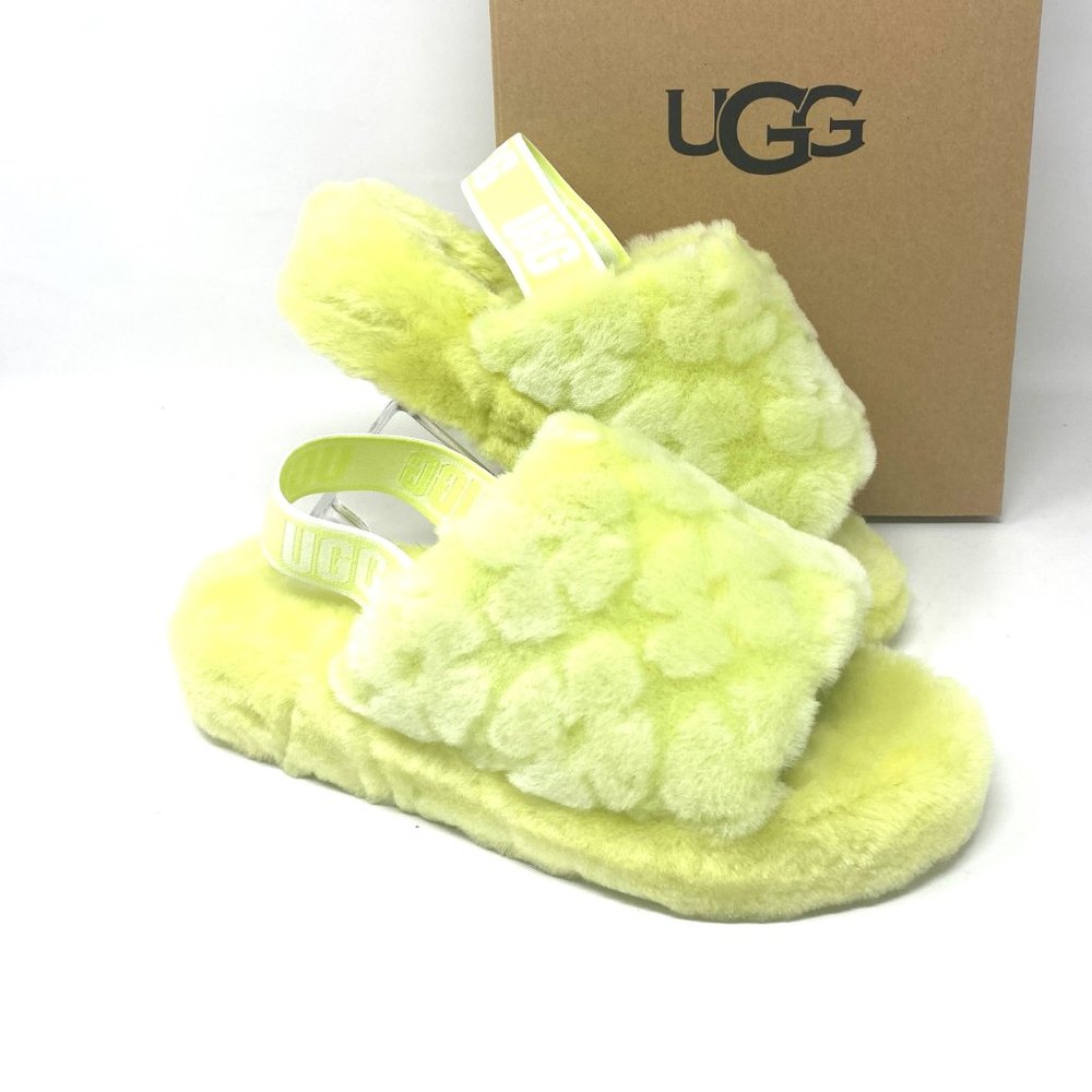 UGG Women Size 7 1118459 PLLN Fluff Yeah Poppy Yellow Pollen Fur Slides Slippers - Picture 4 of 10